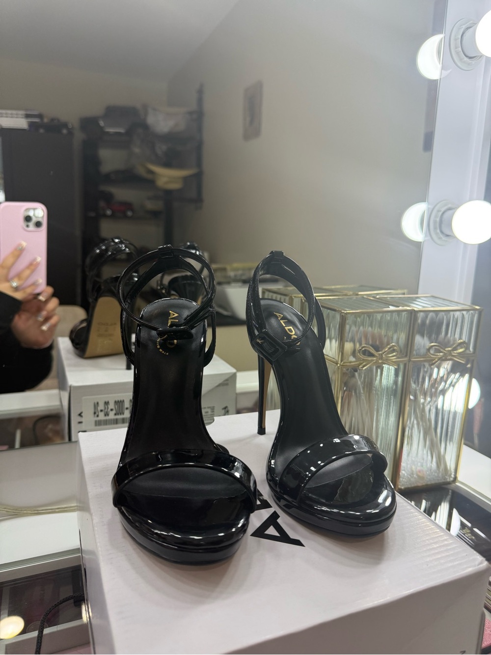 Aldo Black Patent Stiletto Sandals with Ankle Strap